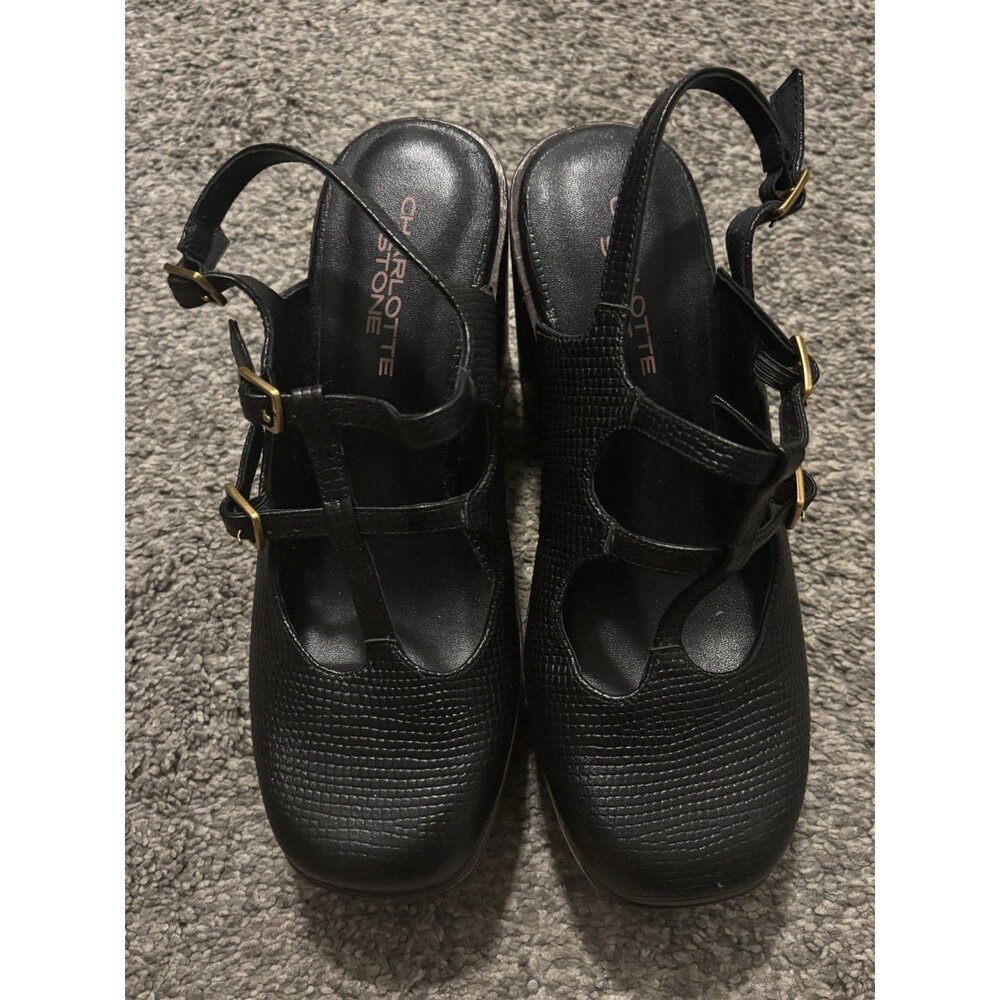 Charlotte Stone Gael Platform Mary Jane Clogs Black Leather Wood Size 7 - Picture 2 of 9